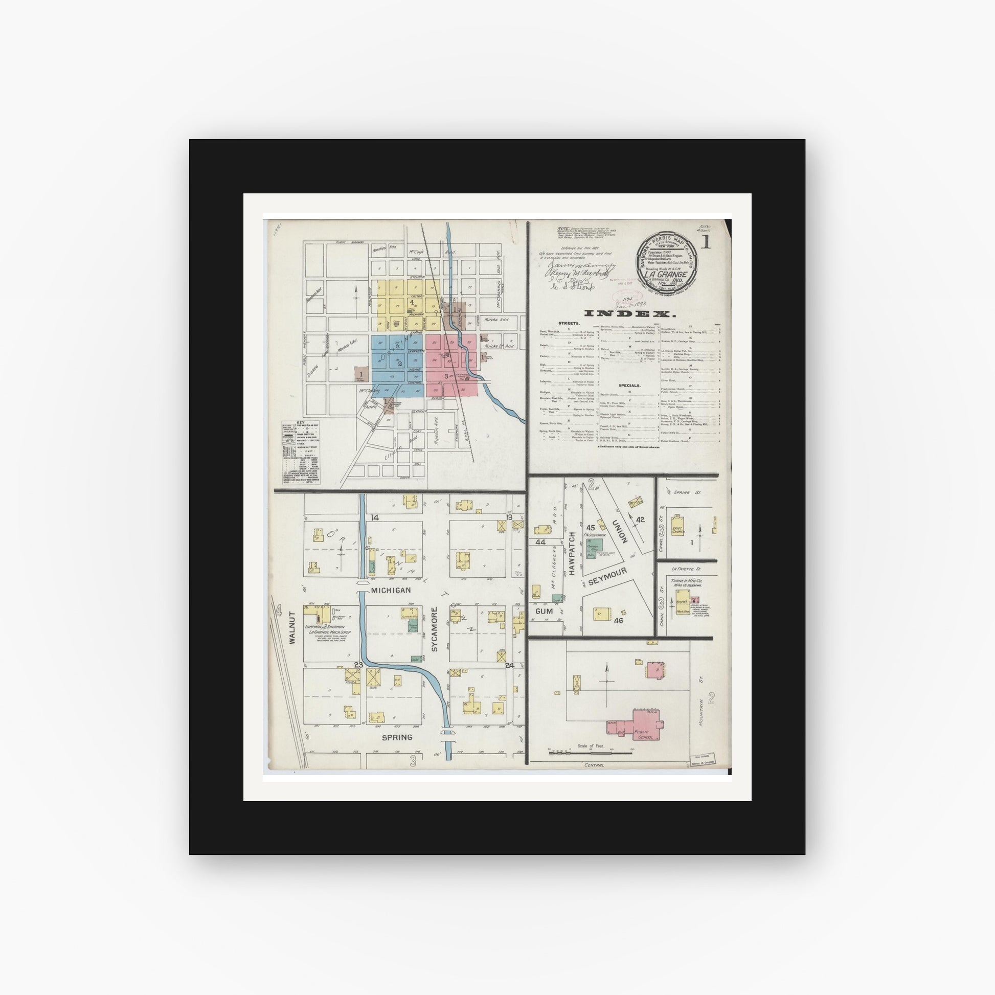 Old map wall art mockup — black gallery frame with white mat — Sanborn Fire Insurance Map from Lagrange, LaGrange County, Indiana (1892) - Complete Map Set