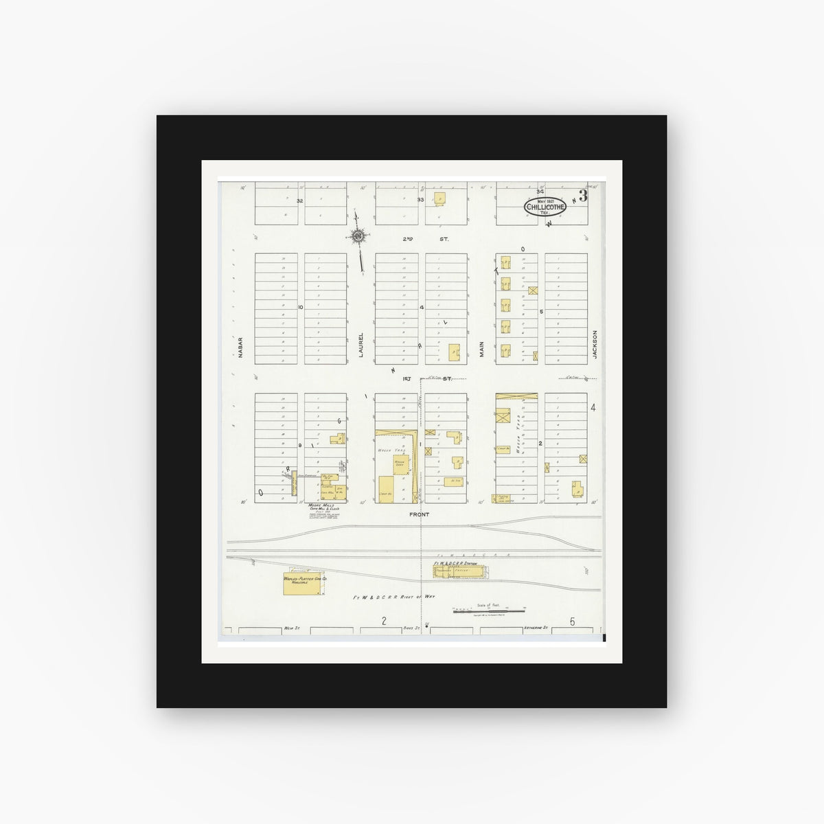 Old map wall art mockup — black gallery frame with white mat — Sanborn Fire Insurance Map from Chillicothe, Hardeman County, Texas (1921), Sheet #0003
