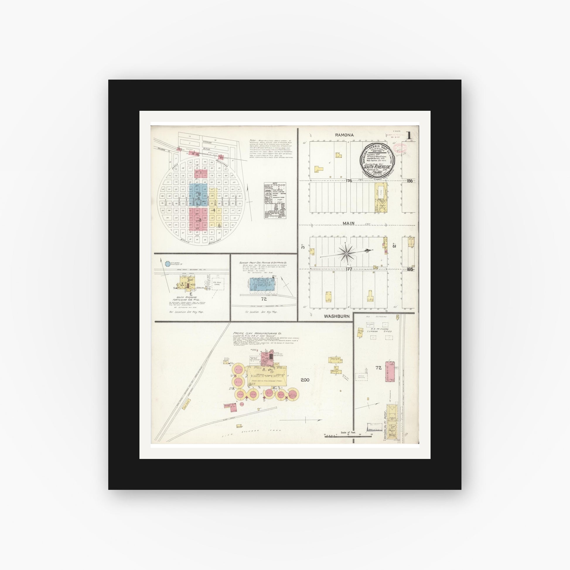 Old map wall art mockup — black gallery frame with white mat — Sanborn Fire Insurance Map from South Riverside, Riverside County, California (1895) - Complete Map Set
