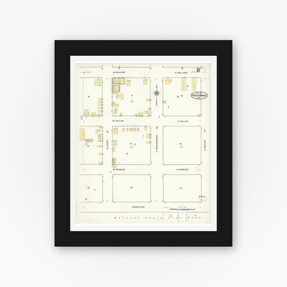 Old map wall art mockup — black gallery frame with white mat — Sanborn Fire Insurance Map from Breckenridge, Stephens County, Texas (1921), Sheet #0008