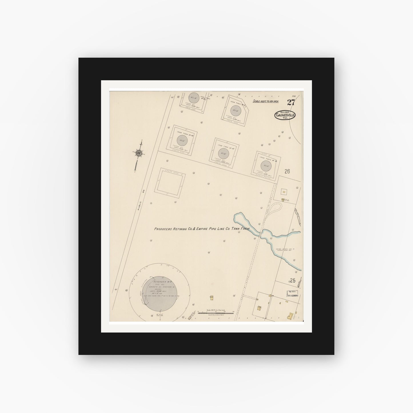 Old map wall art mockup — black gallery frame with white mat — Sanborn Fire Insurance Map from Gainesville, Cooke County, Texas (1922), Sheet #0027