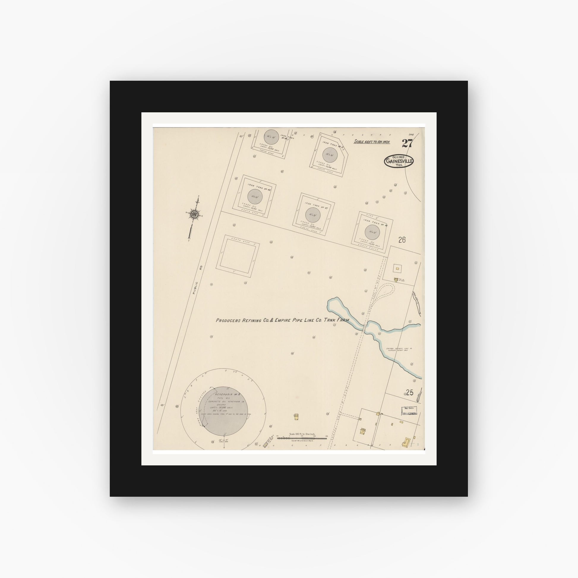 Old map wall art mockup — black gallery frame with white mat — Sanborn Fire Insurance Map from Gainesville, Cooke County, Texas (1922), Sheet #0027