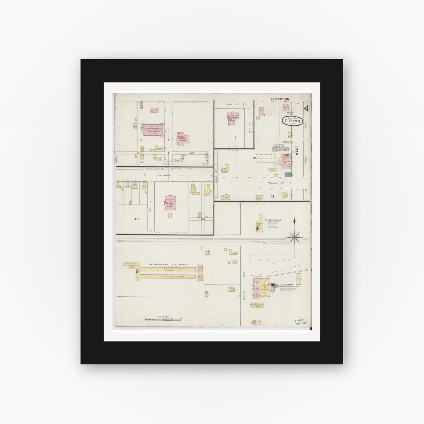 Old map wall art mockup — black gallery frame with white mat — Sanborn Fire Insurance Map from Tipton, Tipton County, Indiana (1890), Sheet #0004