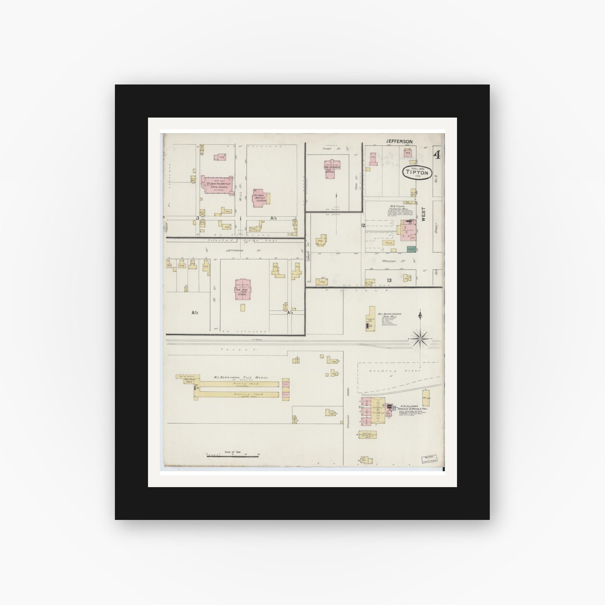 Old map wall art mockup — black gallery frame with white mat — Sanborn Fire Insurance Map from Tipton, Tipton County, Indiana (1890), Sheet #0004