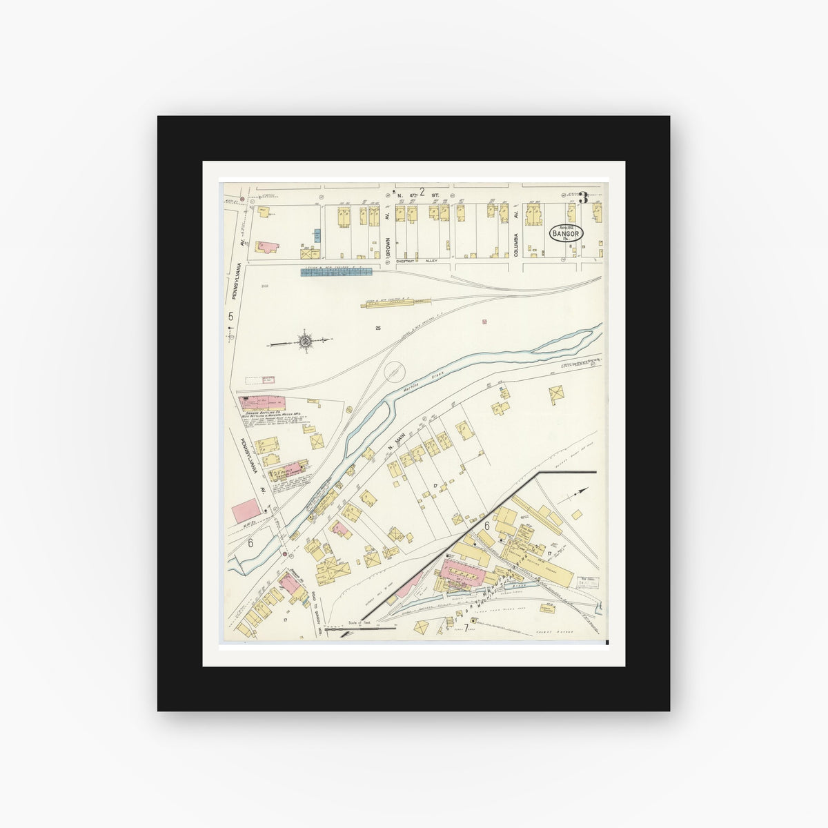 Old map wall art mockup — black gallery frame with white mat — Sanborn Fire Insurance Map from Bangor, Northampton County, Pennsylvania (1912), Sheet #0003