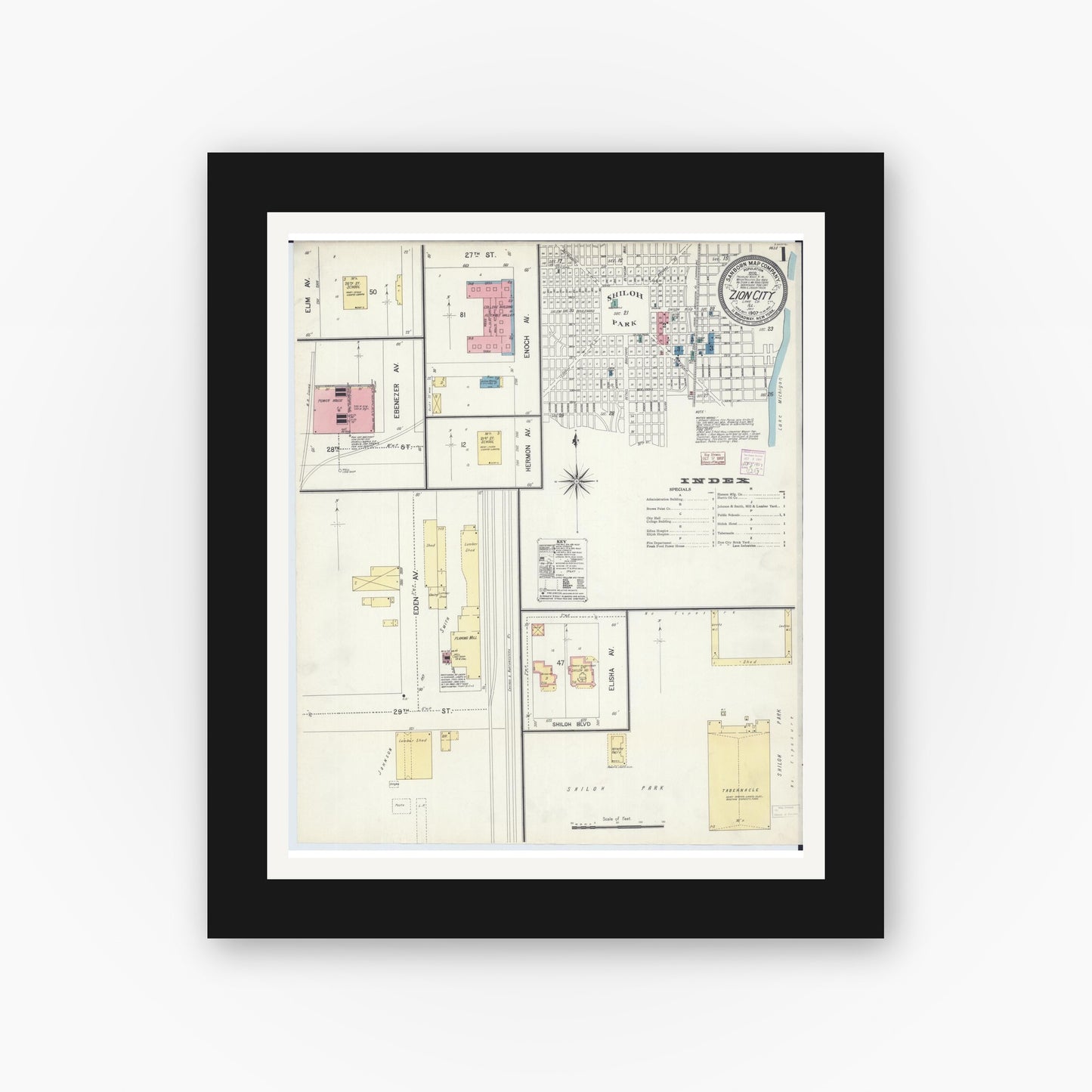 Old map wall art mockup — black gallery frame with white mat — Sanborn Fire Insurance Map from Zion, Lake County, Illinois (1907) - Complete Map Set