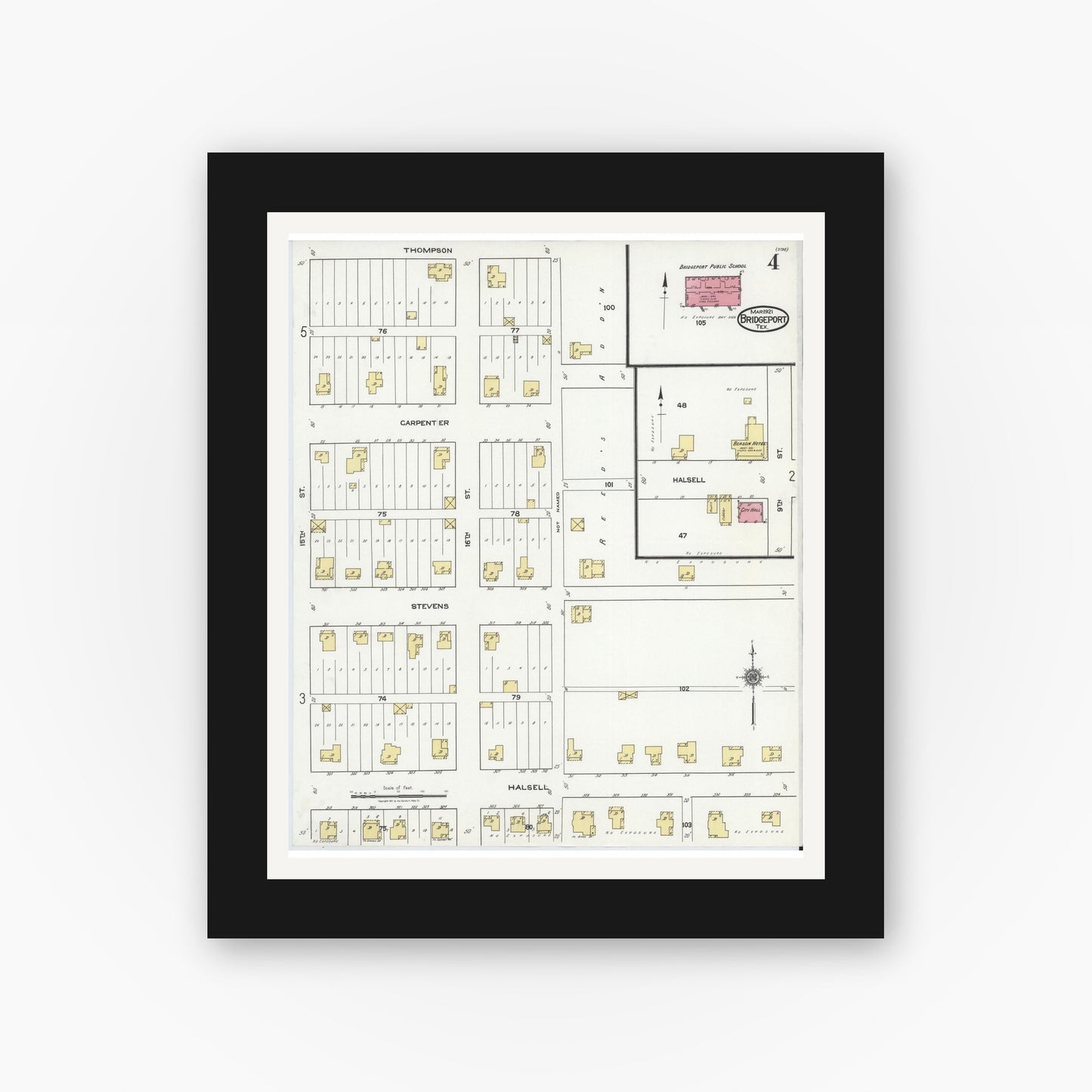Old map wall art mockup — black gallery frame with white mat — Sanborn Fire Insurance Map from Bridgeport, Wise County, Texas (1921), Sheet #0004
