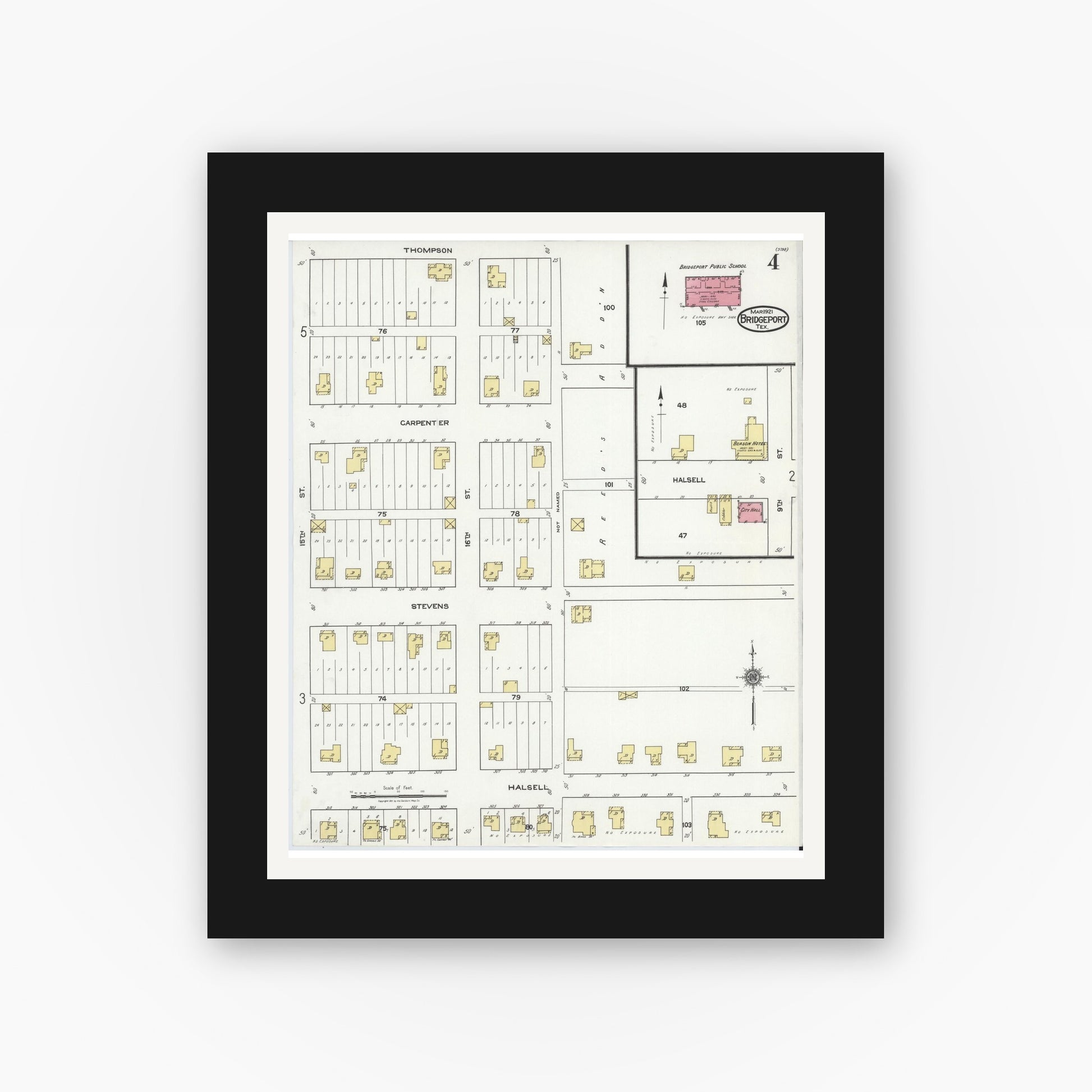 Old map wall art mockup — black gallery frame with white mat — Sanborn Fire Insurance Map from Bridgeport, Wise County, Texas (1921), Sheet #0004