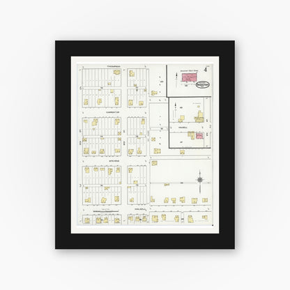 Old map wall art mockup — black gallery frame with white mat — Sanborn Fire Insurance Map from Bridgeport, Wise County, Texas (1921), Sheet #0004