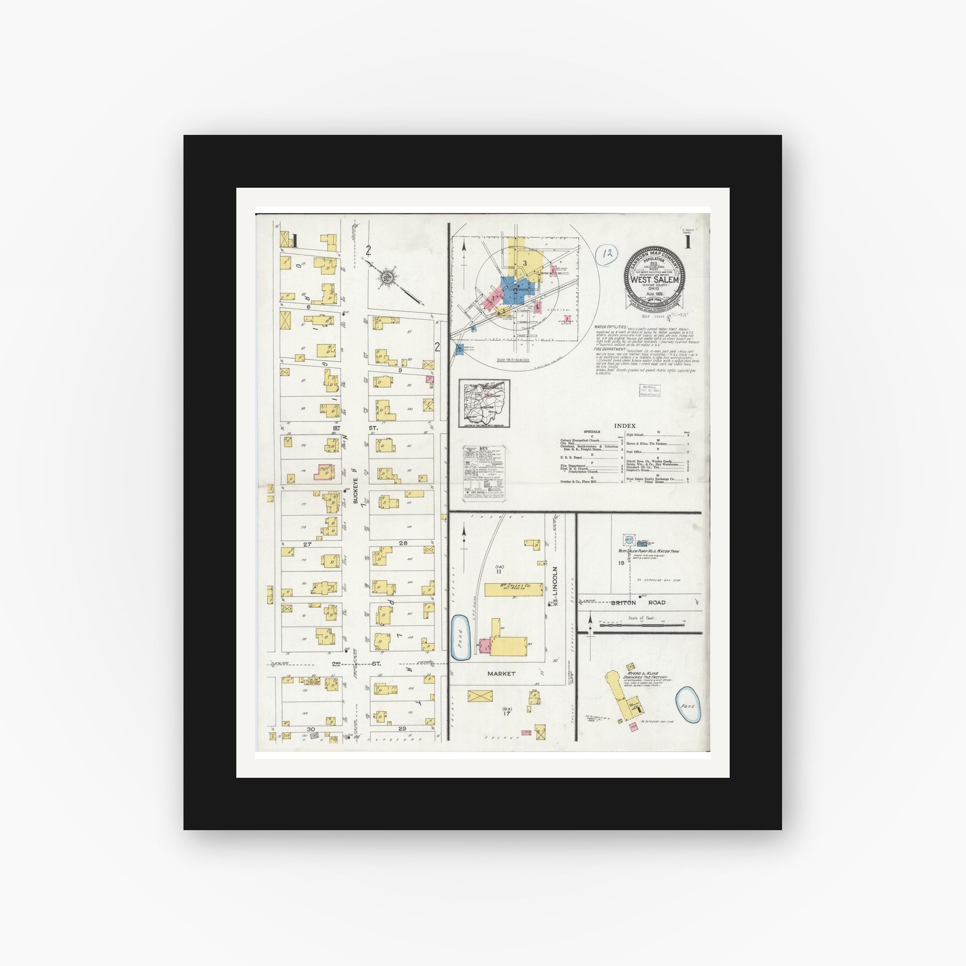 Old map wall art mockup — black gallery frame with white mat — Sanborn Fire Insurance Map from West Salem, Wayne County, Ohio (1926), Sheet #0001