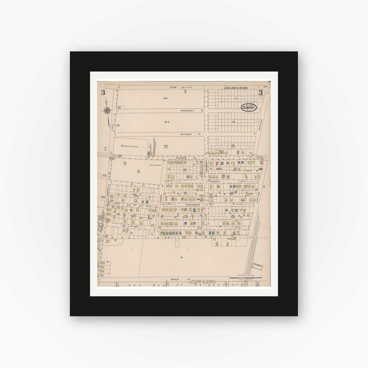 Old map wall art mockup — black gallery frame with white mat — Sanborn Fire Insurance Map from Dumont, Bergen County, New Jersey (1922), Sheet #0003