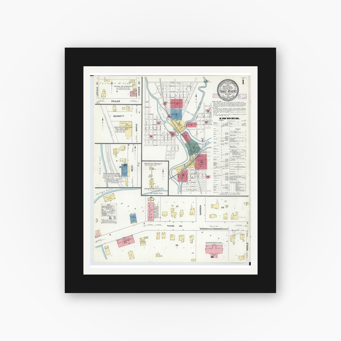 Old map wall art mockup — black gallery frame with white mat — Sanborn Fire Insurance Map from Three Rivers, Saint Joseph County, Michigan (1909) - Complete Map Set
