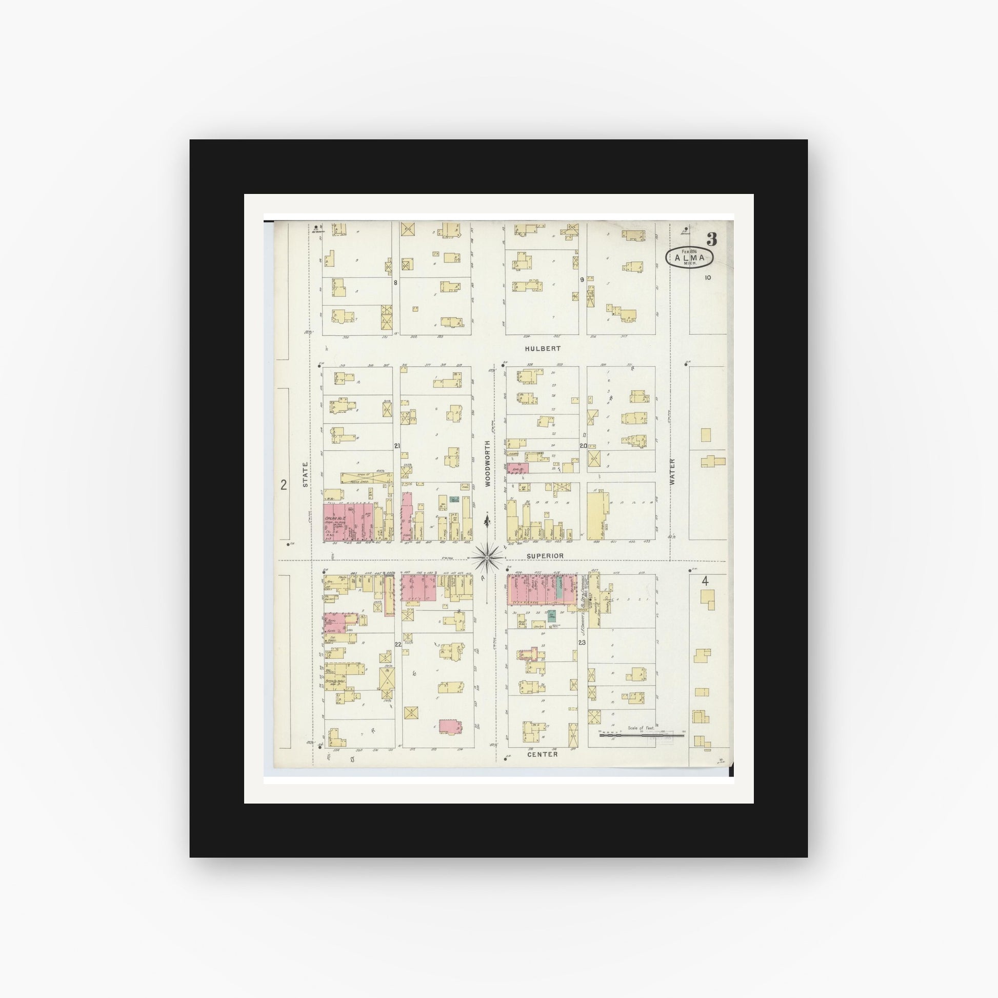 Old map wall art mockup — black gallery frame with white mat — Sanborn Fire Insurance Map from Alma, Gratiot County, Michigan (1896), Sheet #0003