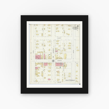 Old map wall art mockup — black gallery frame with white mat — Sanborn Fire Insurance Map from Alma, Gratiot County, Michigan (1896), Sheet #0003