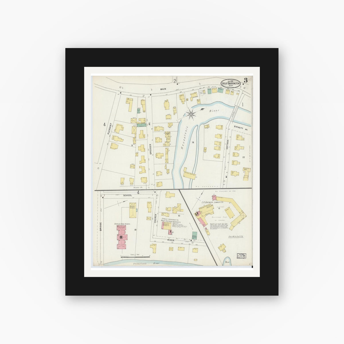 Old map wall art mockup — black gallery frame with white mat — Sanborn Fire Insurance Map from Great Barrington, Berkshire County, Massachusetts (1898), Sheet #0003