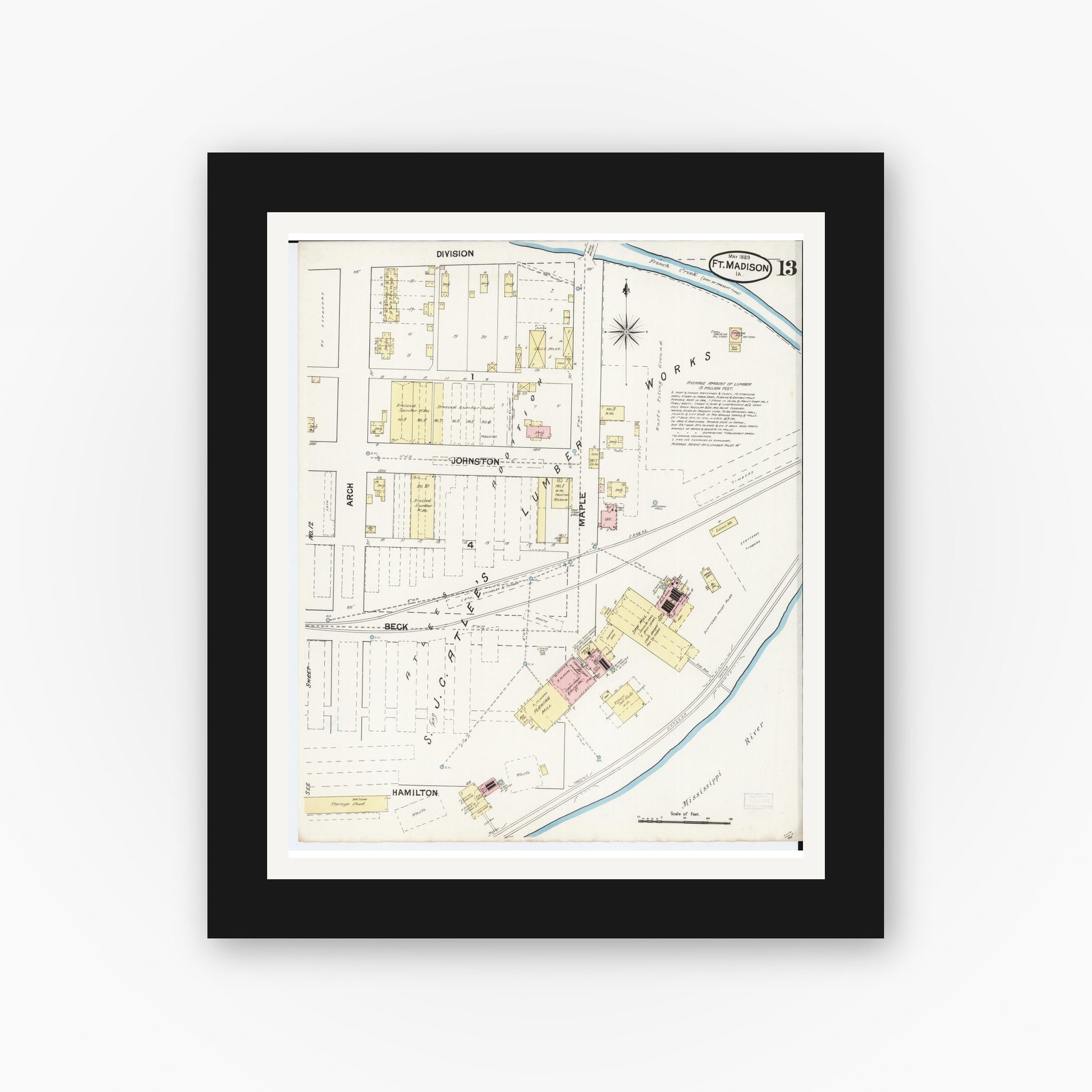 Old map wall art mockup — black gallery frame with white mat — Sanborn Fire Insurance Map from Fort Madison, Lee County, Iowa (1889), Sheet #0013