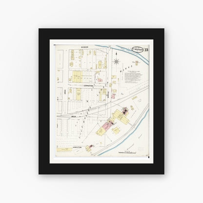 Old map wall art mockup — black gallery frame with white mat — Sanborn Fire Insurance Map from Fort Madison, Lee County, Iowa (1889), Sheet #0013
