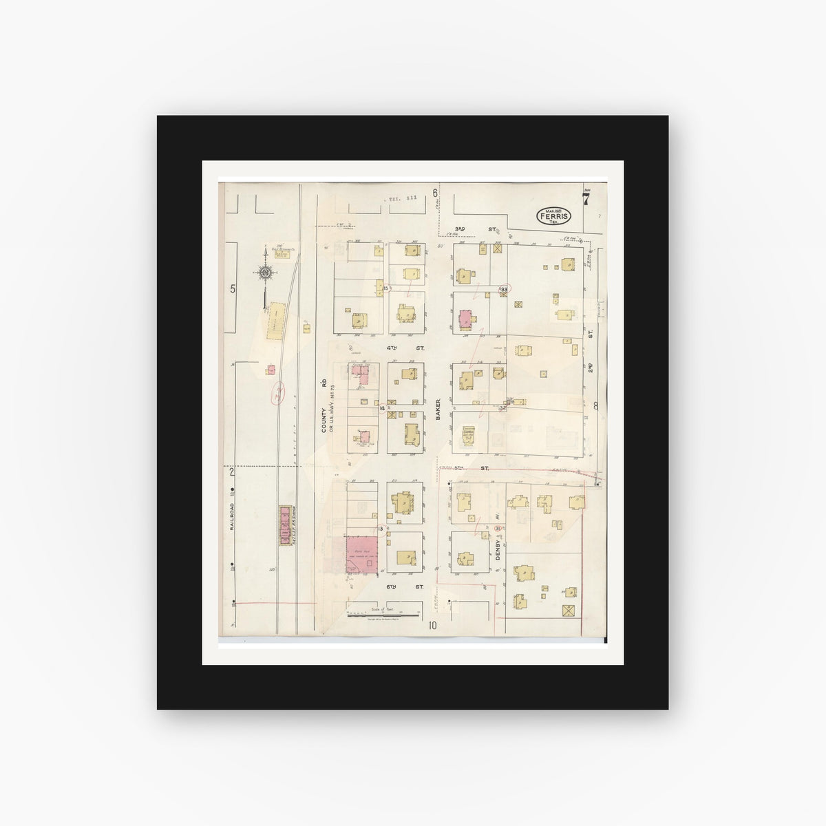 Old map wall art mockup — black gallery frame with white mat — Sanborn Fire Insurance Map from Ferris, Ellis County, Texas (1941), Sheet #0007