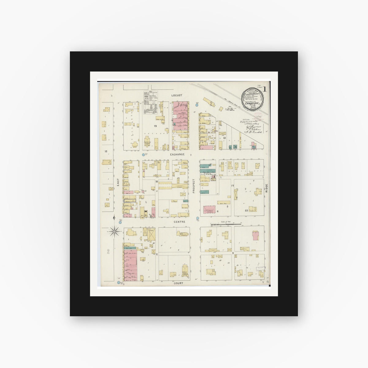 Old map wall art mockup — black gallery frame with white mat — Sanborn Fire Insurance Map from Cambridge, Henry County, Illinois (1894) - Complete Map Set