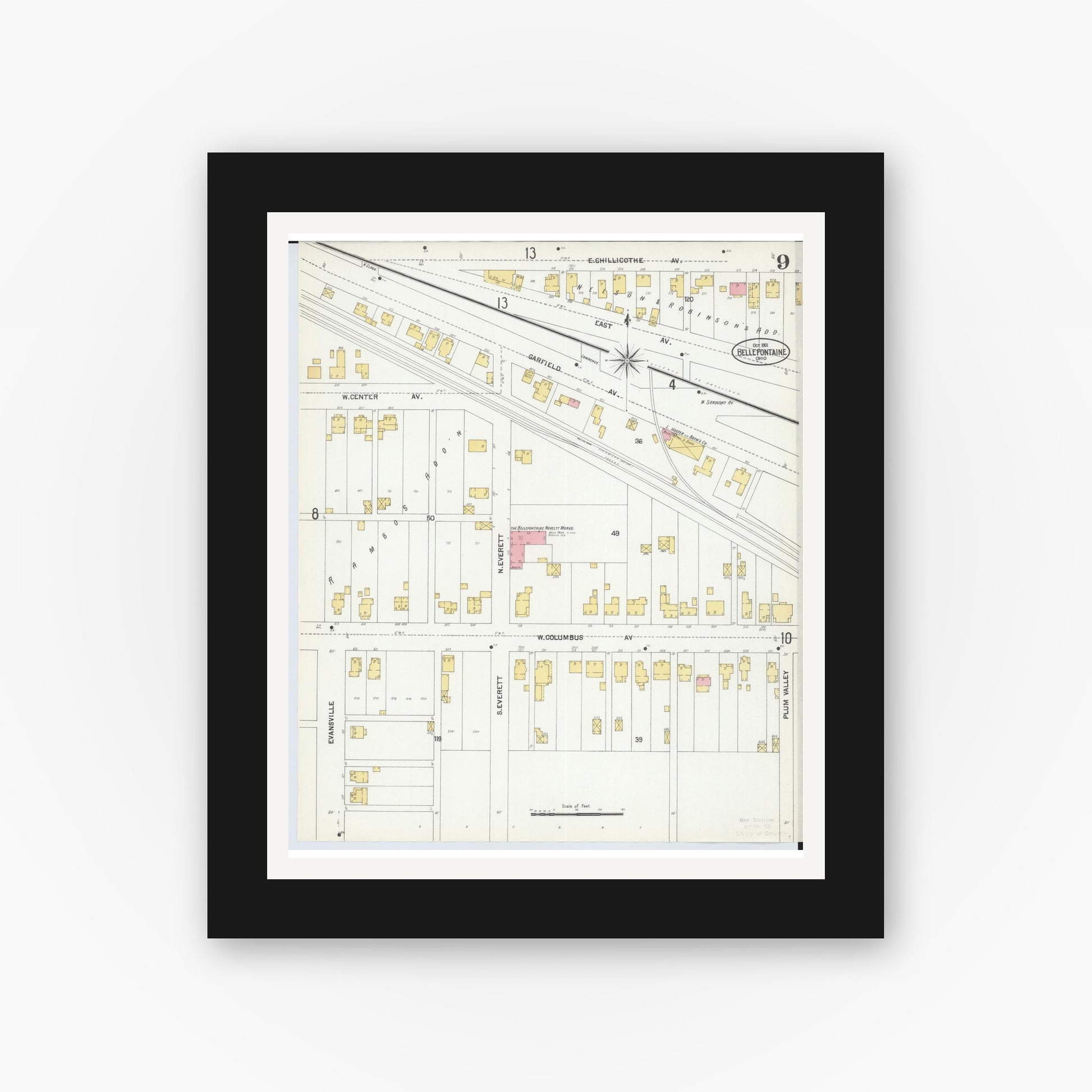 Old map wall art mockup — black gallery frame with white mat — Sanborn Fire Insurance Map from Bellefontaine, Logan County, Ohio (1901), Sheet #0009