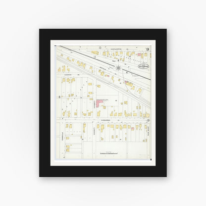 Old map wall art mockup — black gallery frame with white mat — Sanborn Fire Insurance Map from Bellefontaine, Logan County, Ohio (1901), Sheet #0009