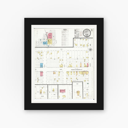 Old map wall art mockup — black gallery frame with white mat — Sanborn Fire Insurance Map from Elma, Howard County, Iowa (1900) â€” Complete Set