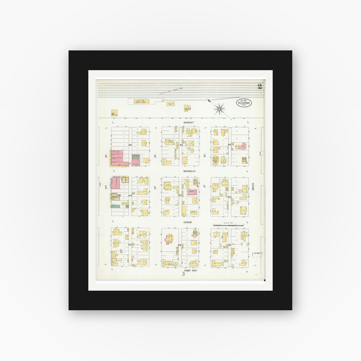 Old map wall art mockup — black gallery frame with white mat — Sanborn Fire Insurance Map from Hearne, Robertson County, Texas (1901), Sheet #0002