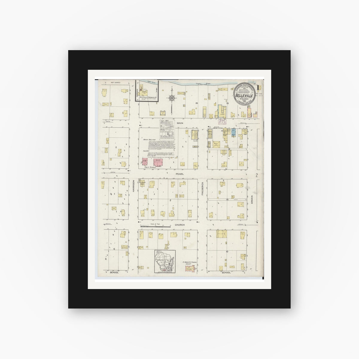 Old map wall art mockup — black gallery frame with white mat — Sanborn Fire Insurance Map from Belleville, Dane County, Wisconsin (1915) - Complete Map Set
