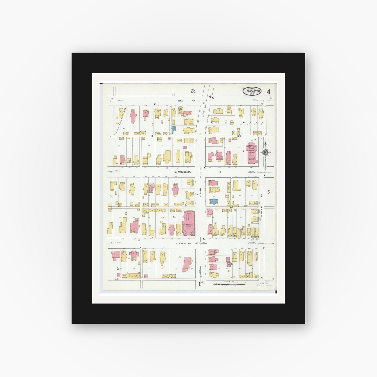 Old map wall art mockup — black gallery frame with white mat — Sanborn Fire Insurance Map from Lancaster, Fairfield County, Ohio (1919), Sheet #0004