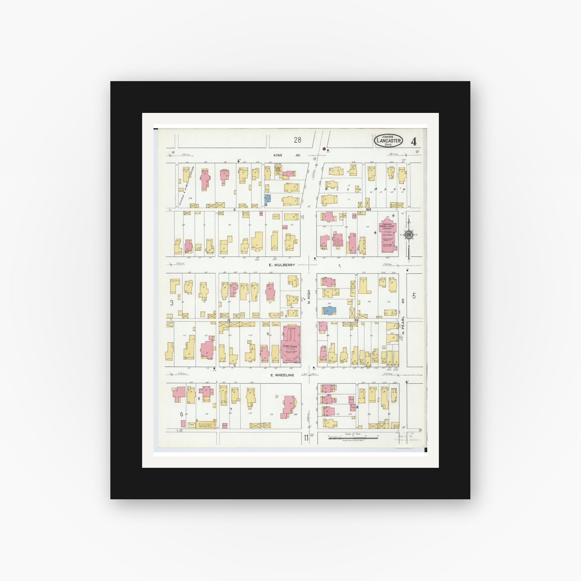 Old map wall art mockup — black gallery frame with white mat — Sanborn Fire Insurance Map from Lancaster, Fairfield County, Ohio (1919), Sheet #0004