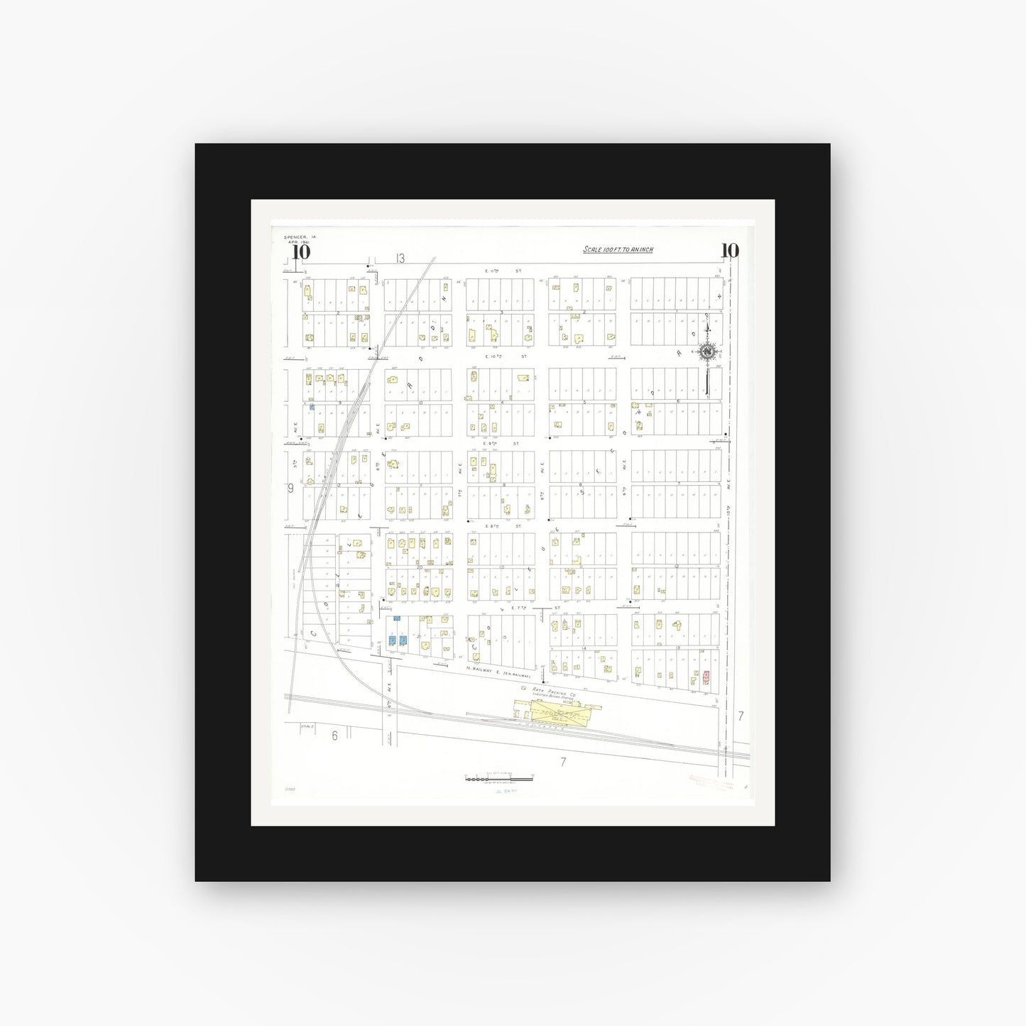 Old map wall art mockup — black gallery frame with white mat — Sanborn Fire Insurance Map from Spencer, Clay County, Iowa (1941), Sheet #0010