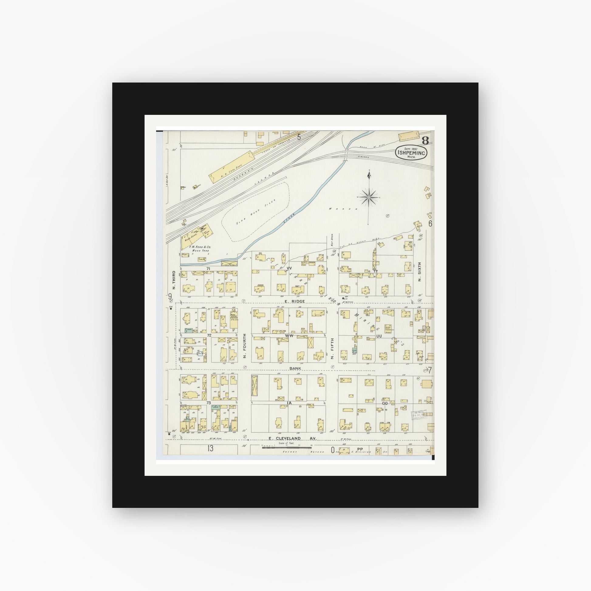Old map wall art mockup — black gallery frame with white mat — Sanborn Fire Insurance Map from Ishpeming, Marquette County, Michigan (1897), Sheet #0008