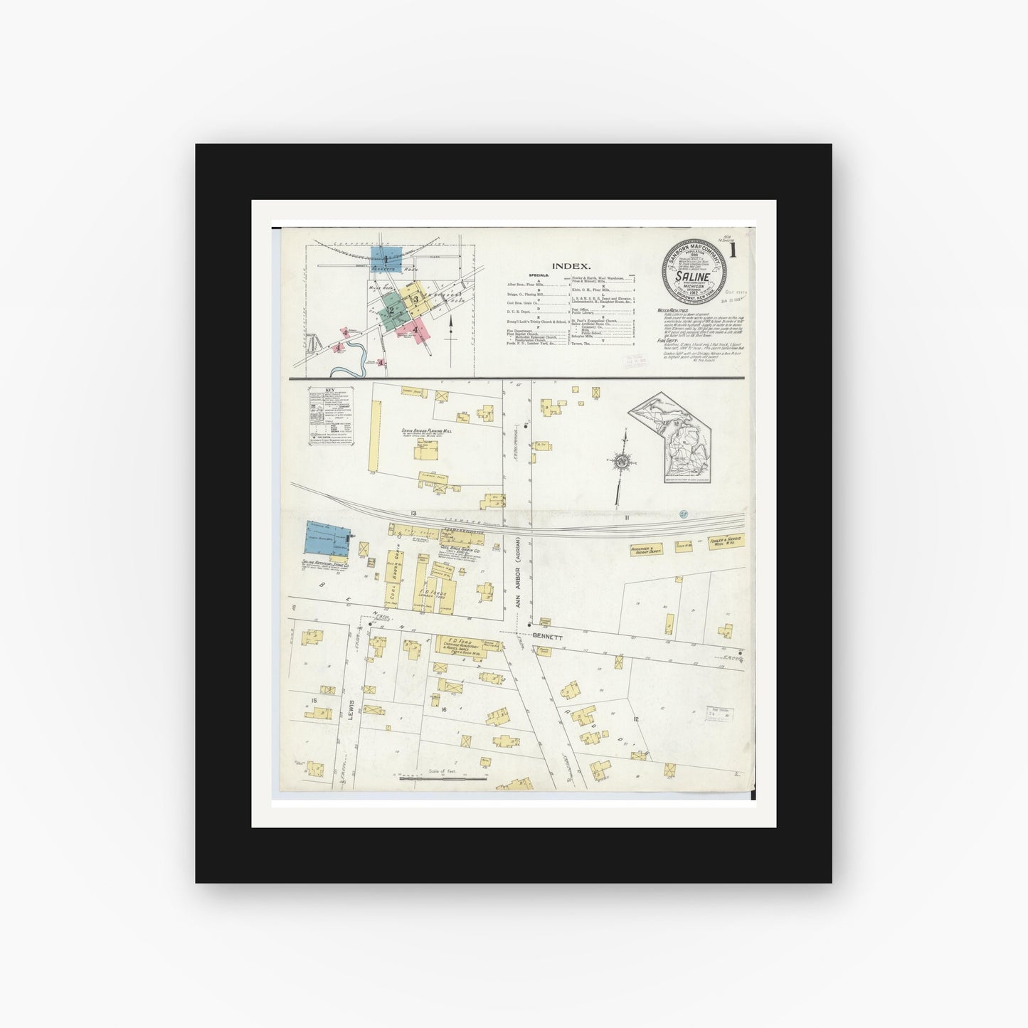 Old map wall art mockup — black gallery frame with white mat — Sanborn Fire Insurance Map from Saline, Washtenaw County, Michigan (1912) - Complete Map Set