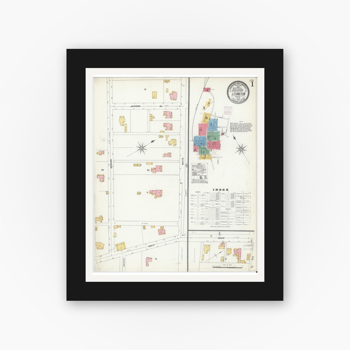 Old map wall art mockup — black gallery frame with white mat — Sanborn Fire Insurance Map from Lexington, Independent Cities, Virginia (1907), Sheet #0001