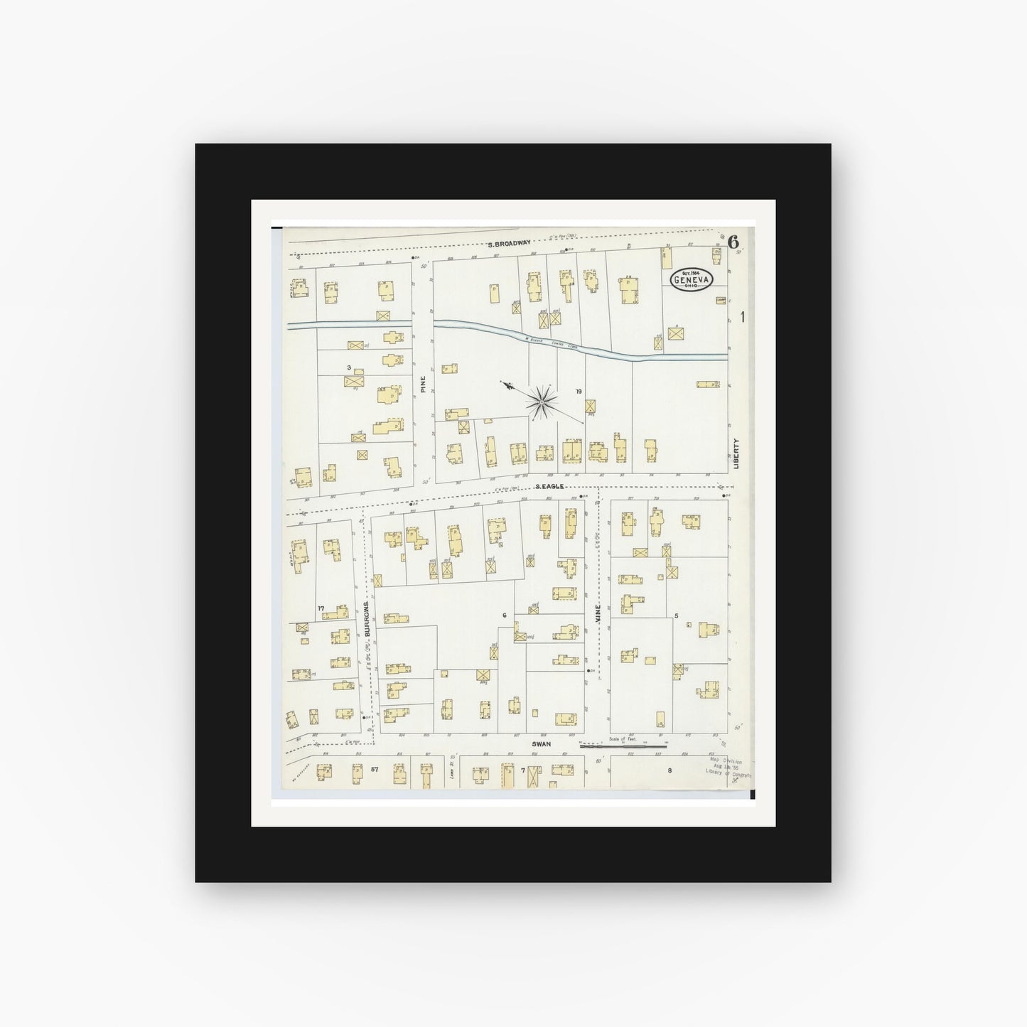 Old map wall art mockup — black gallery frame with white mat — Sanborn Fire Insurance Map from Geneva, Ashtabula County, Ohio (1904), Sheet #0006