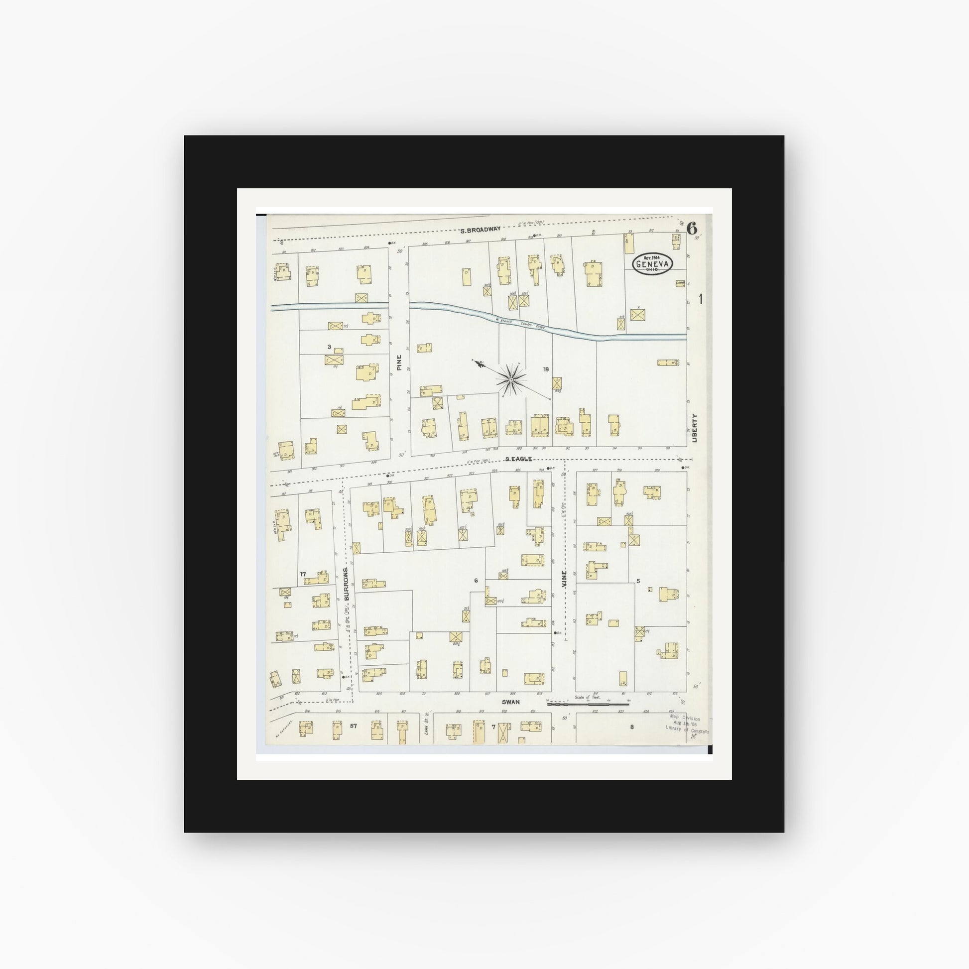 Old map wall art mockup — black gallery frame with white mat — Sanborn Fire Insurance Map from Geneva, Ashtabula County, Ohio (1904), Sheet #0006