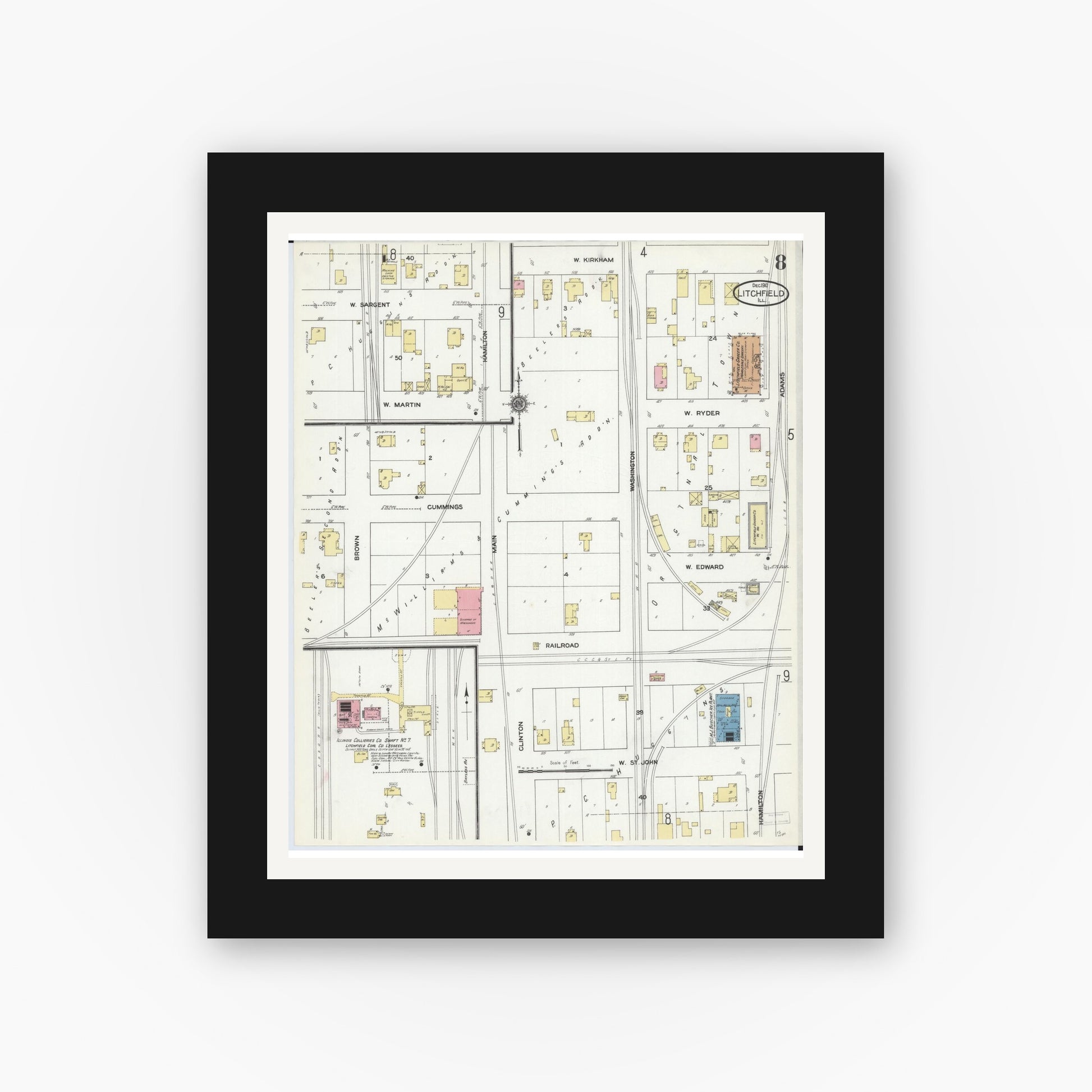 Old map wall art mockup — black gallery frame with white mat — Sanborn Fire Insurance Map from Litchfield, Montgomery County, Illinois (1910), Sheet #0008