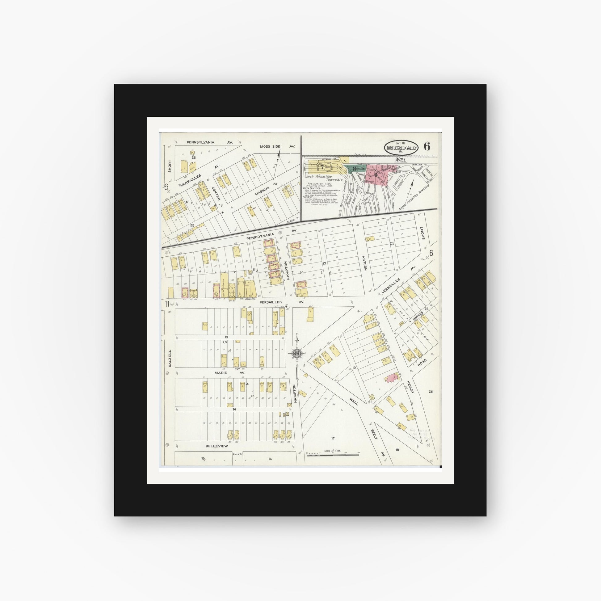 Old map wall art mockup — black gallery frame with white mat — Sanborn Fire Insurance Map from Turtle Creek Valley, Allegheny County, Pennsylvania (1911), Sheet #0006