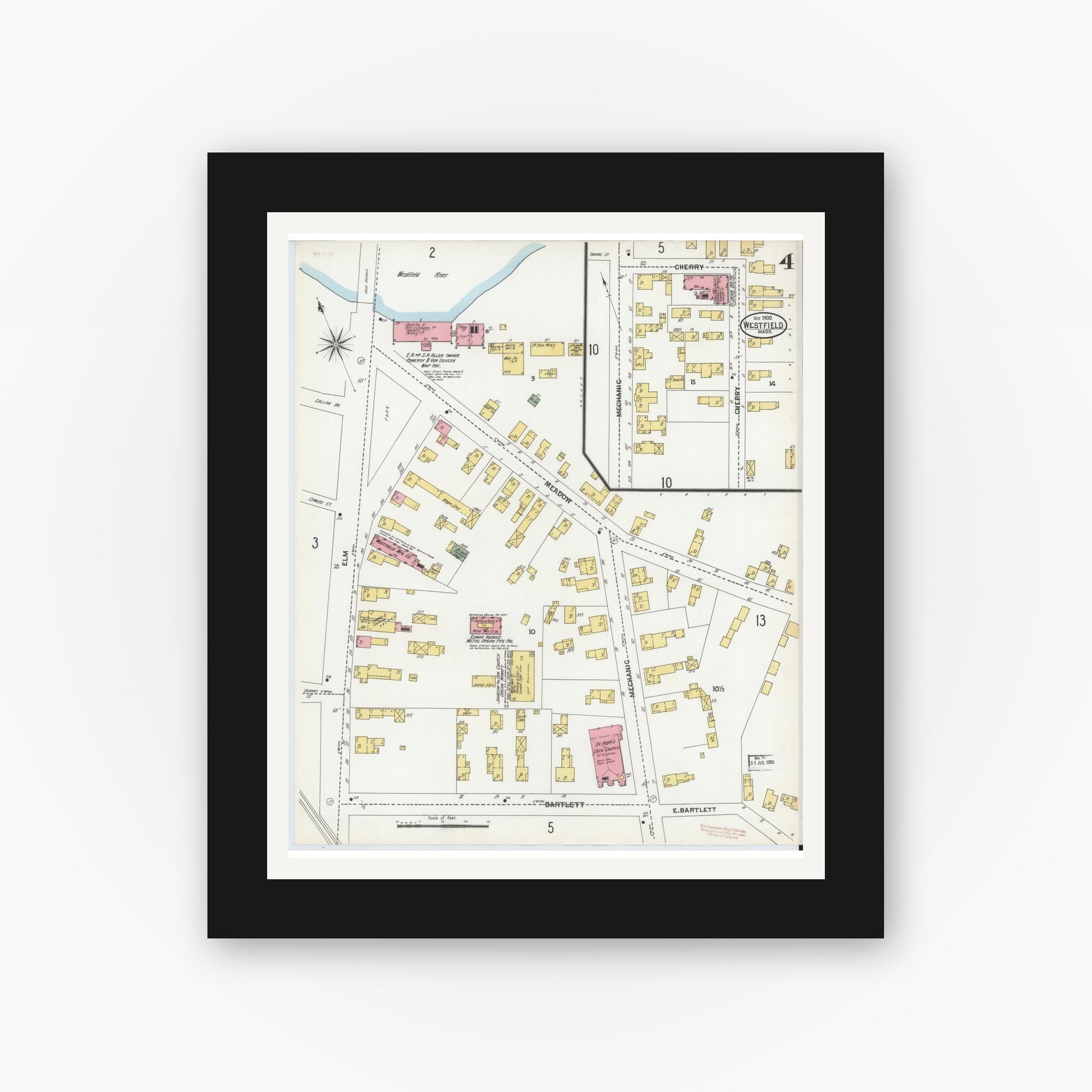 Old map wall art mockup — black gallery frame with white mat — Sanborn Fire Insurance Map from Westfield, Hampden County, Massachusetts (1900), Sheet #0004