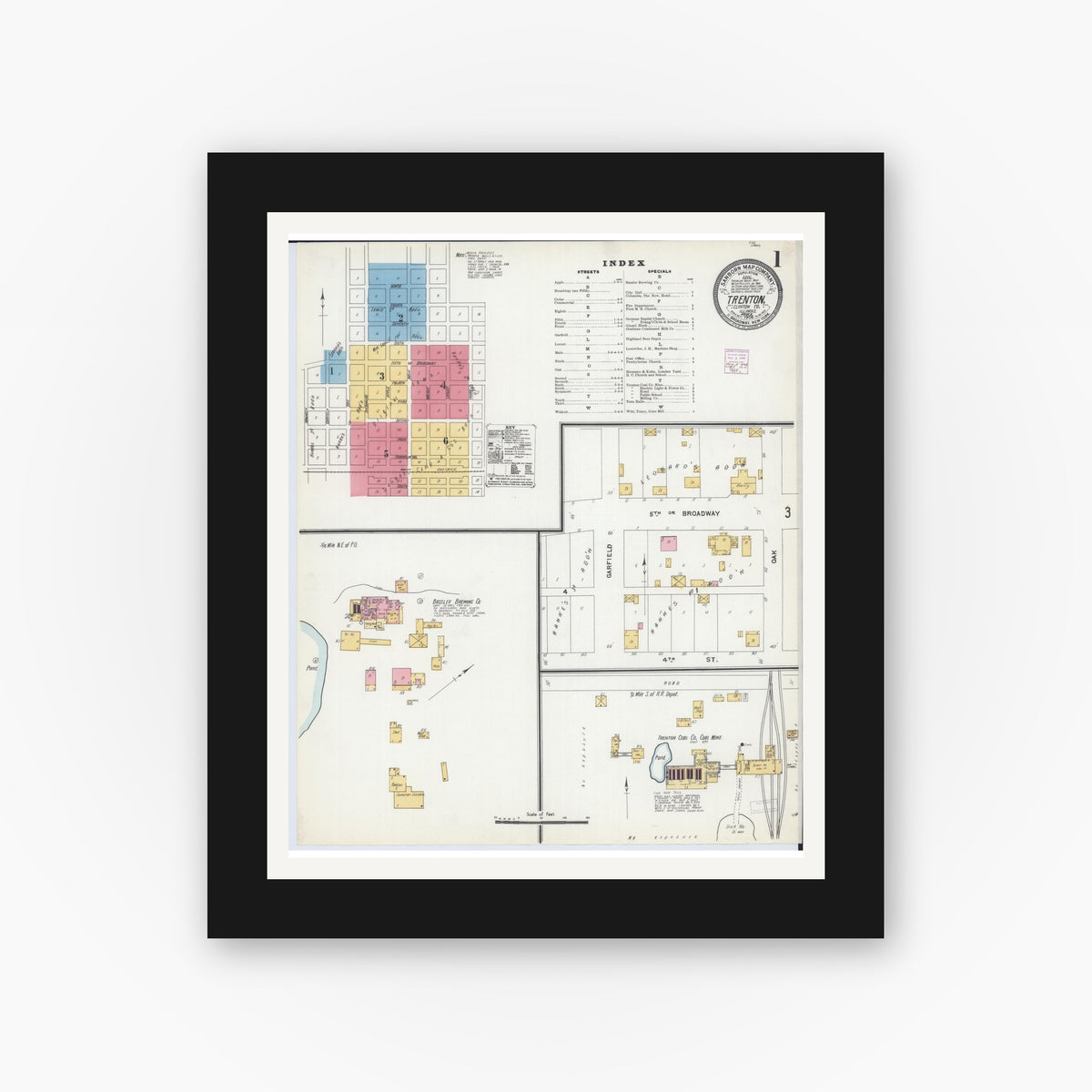 Old map wall art mockup — black gallery frame with white mat — Sanborn Fire Insurance Map from Trenton, Clinton County, Illinois (1906), Sheet #0001