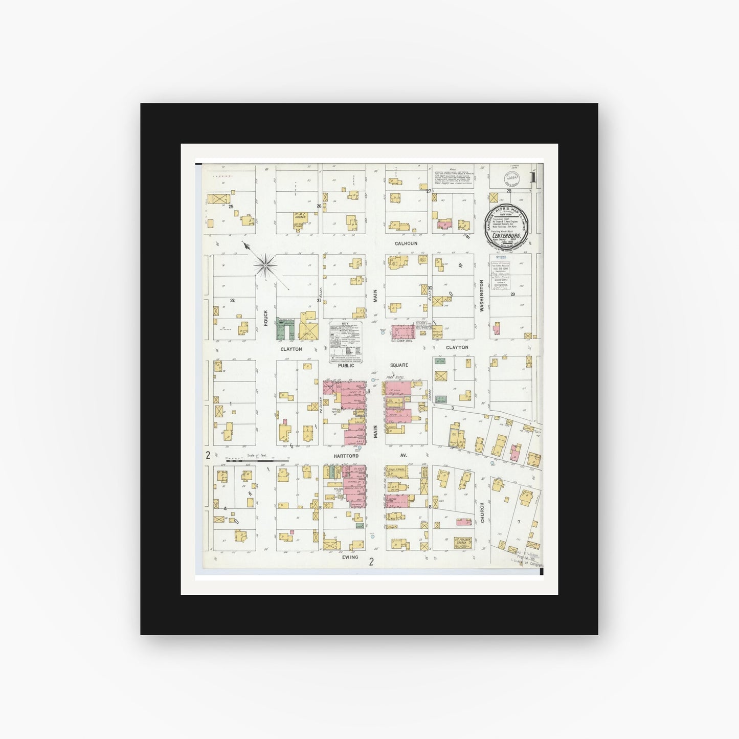 Old map wall art mockup — black gallery frame with white mat — Sanborn Fire Insurance Map from Centerburg, Knox County, Ohio (1900) - Complete Map Set