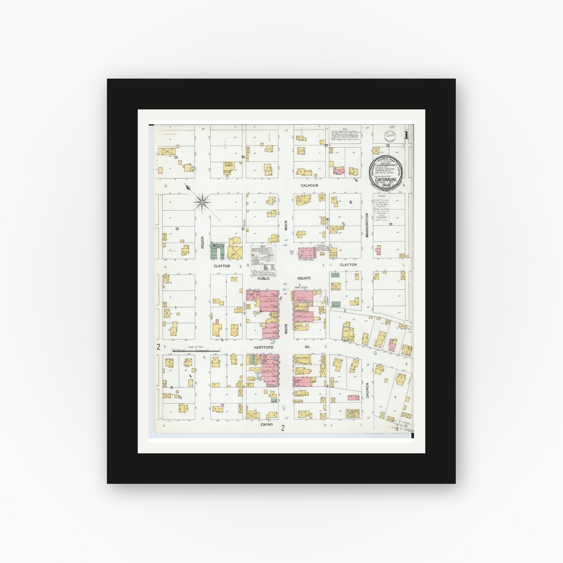 Old map wall art mockup — black gallery frame with white mat — Sanborn Fire Insurance Map from Centerburg, Knox County, Ohio (1900) - Complete Map Set