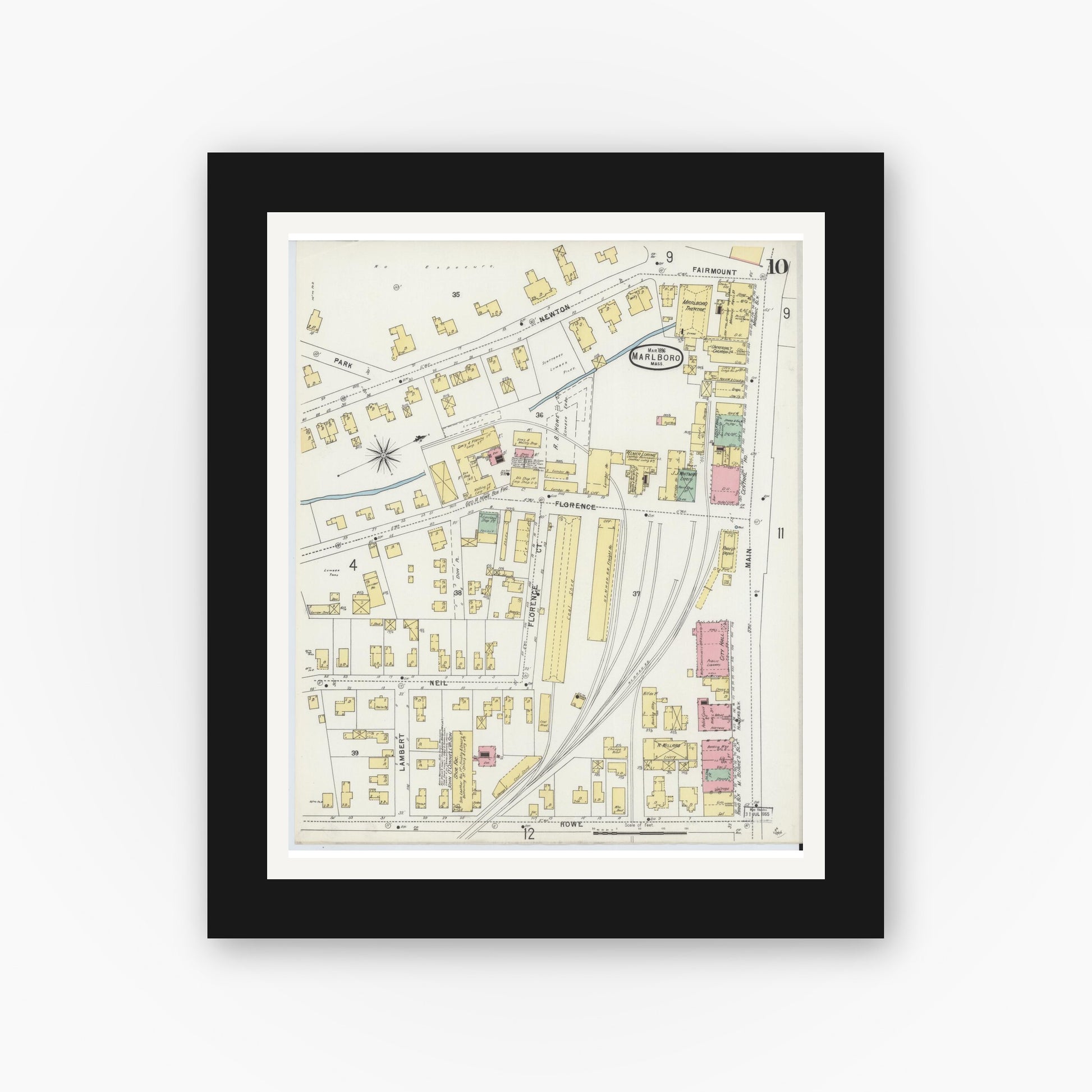Old map wall art mockup — black gallery frame with white mat — Sanborn Fire Insurance Map from Marlborough, Middlesex County, Massachusetts (1896), Sheet #0010