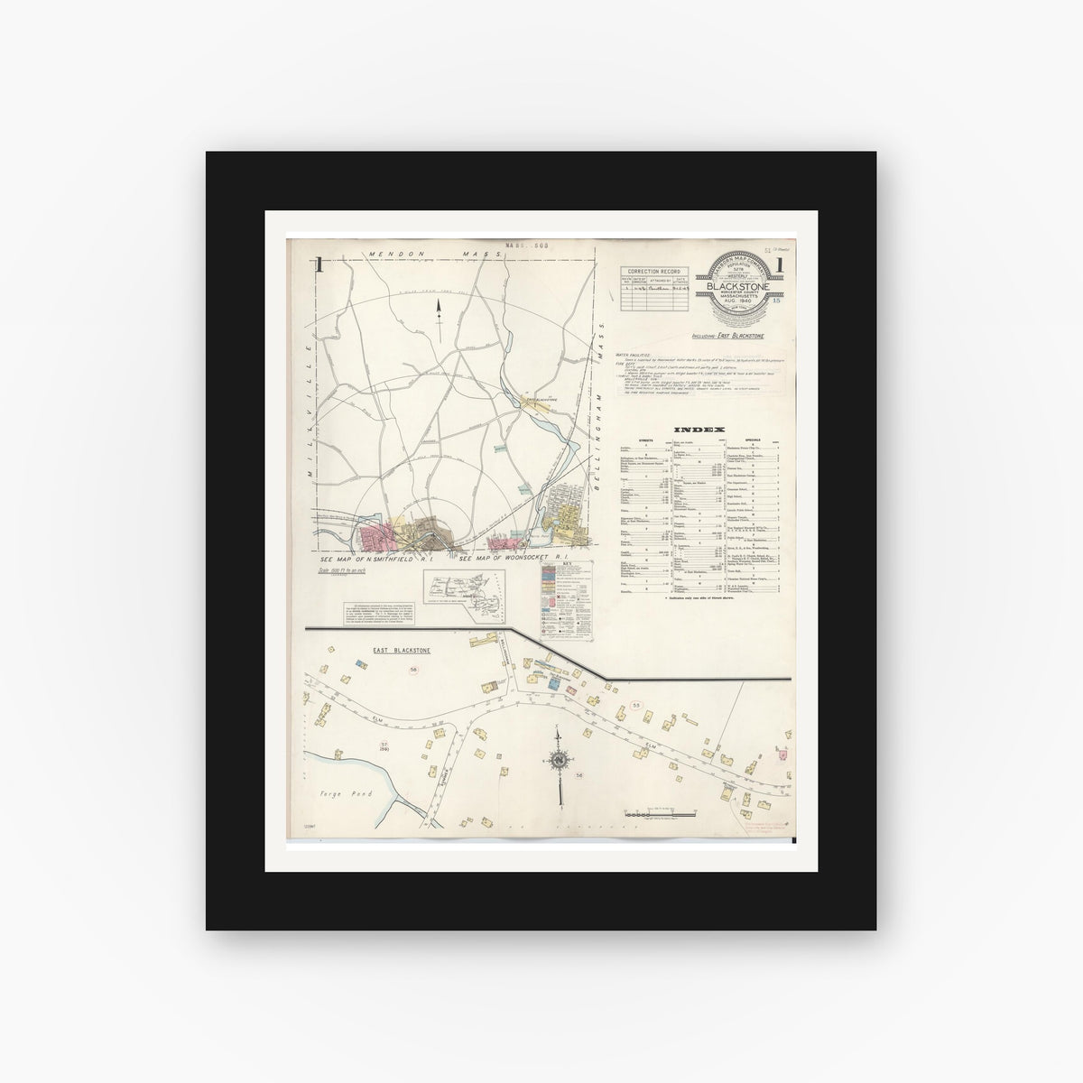 Old map wall art mockup — black gallery frame with white mat — Sanborn Fire Insurance Map from Blackstone, Worcester County, Massachusetts (1948), Sheet #0001