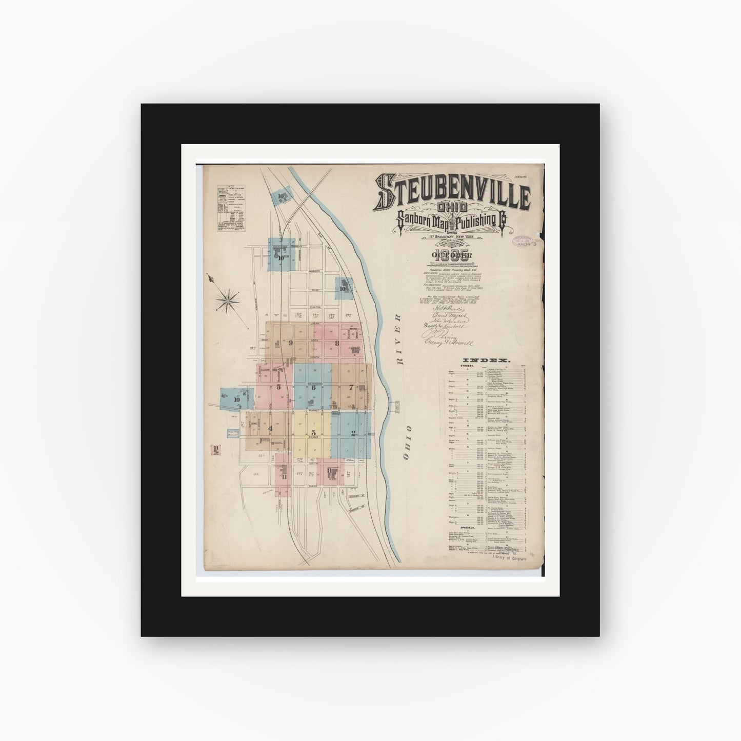 Old map wall art mockup — black gallery frame with white mat — Sanborn Fire Insurance Map from Steubenville, Jefferson County, Ohio (1885), Sheet #0001