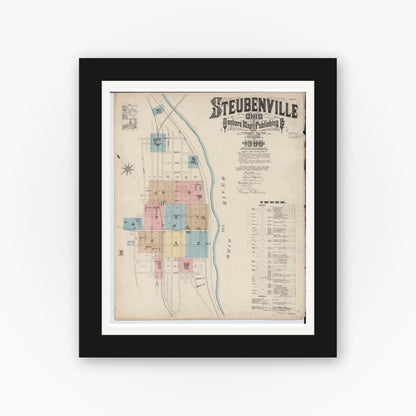 Old map wall art mockup — black gallery frame with white mat — Sanborn Fire Insurance Map from Steubenville, Jefferson County, Ohio (1885), Sheet #0001