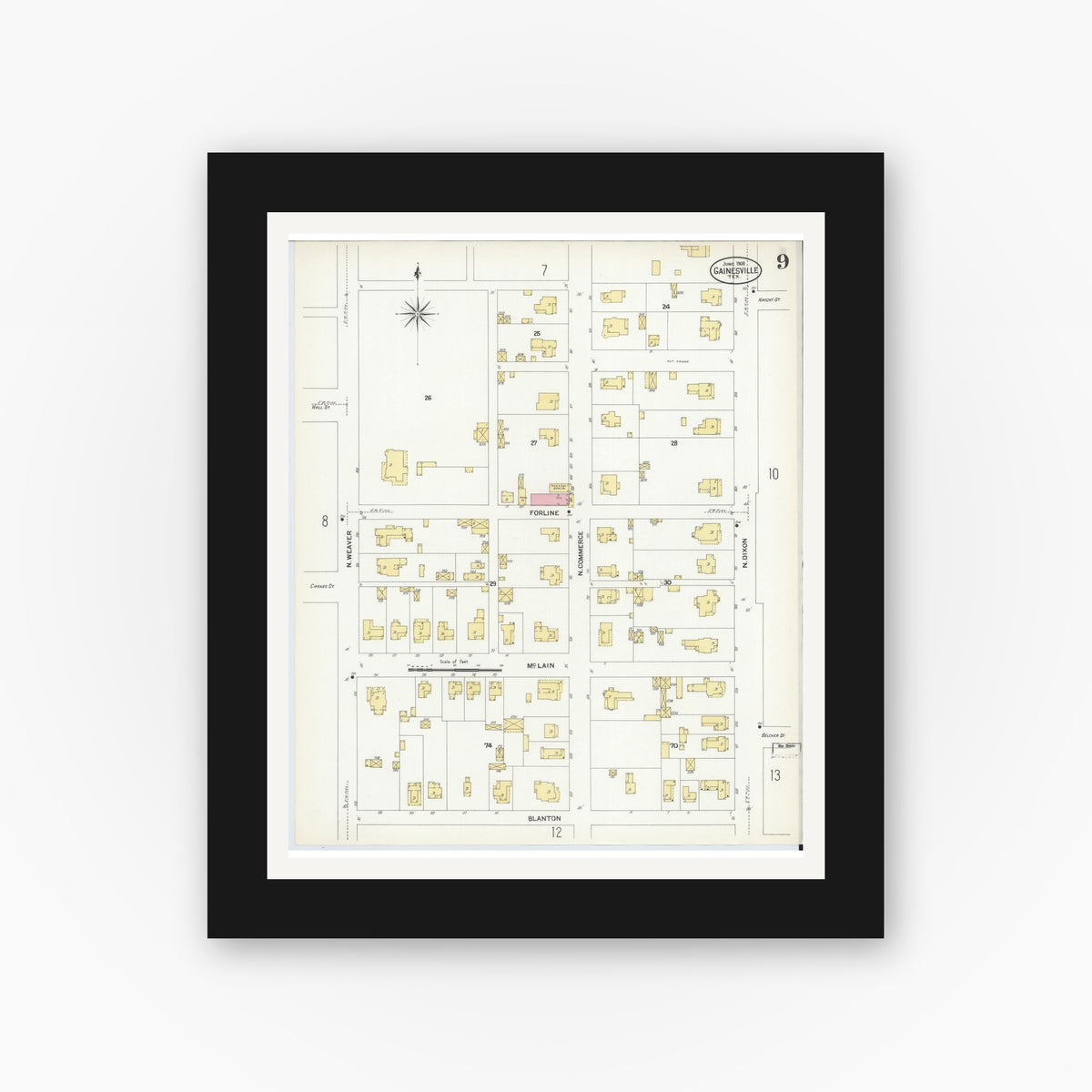 Old map wall art mockup — black gallery frame with white mat — Sanborn Fire Insurance Map from Gainesville, Cooke County, Texas (1908), Sheet #0009
