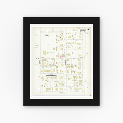 Old map wall art mockup — black gallery frame with white mat — Sanborn Fire Insurance Map from Gainesville, Cooke County, Texas (1908), Sheet #0009