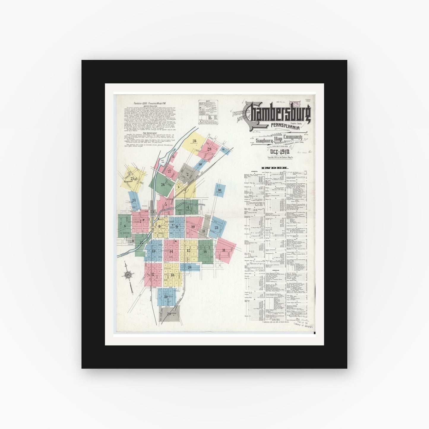 Old map wall art mockup — black gallery frame with white mat — Sanborn Fire Insurance Map from Chambersburg, Franklin County, Pennsylvania (1910), Sheet #0001