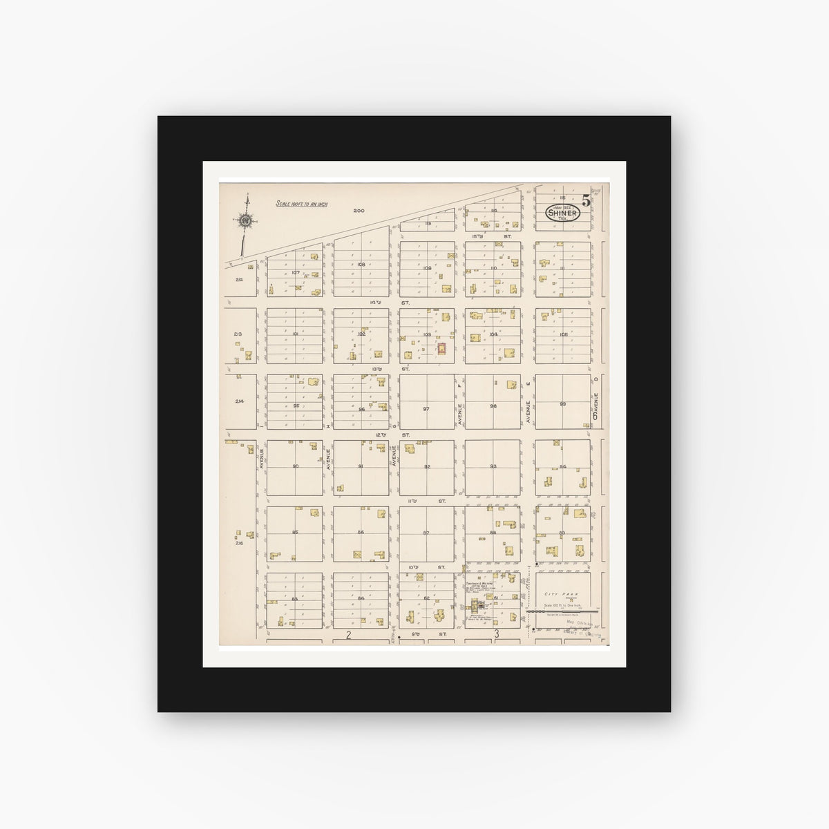 Old map wall art mockup — black gallery frame with white mat — Sanborn Fire Insurance Map from Shiner, Lavaca County, Texas (1922), Sheet #0005